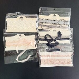 10pc Mia Collection A'Gaci Choker Necklace Set Lace Chain Ribbon Pink Silver NEW